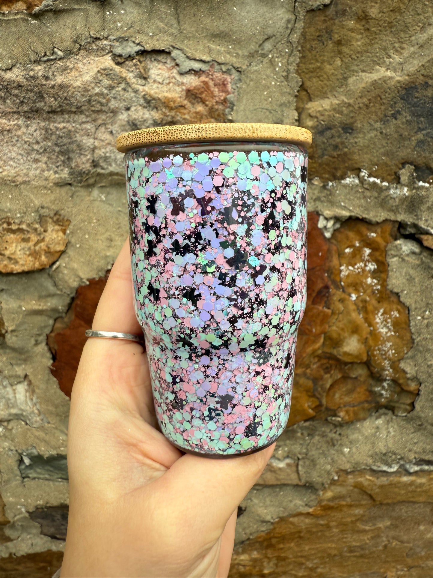 3oz Glitter w/ Black Bows Glass Cup