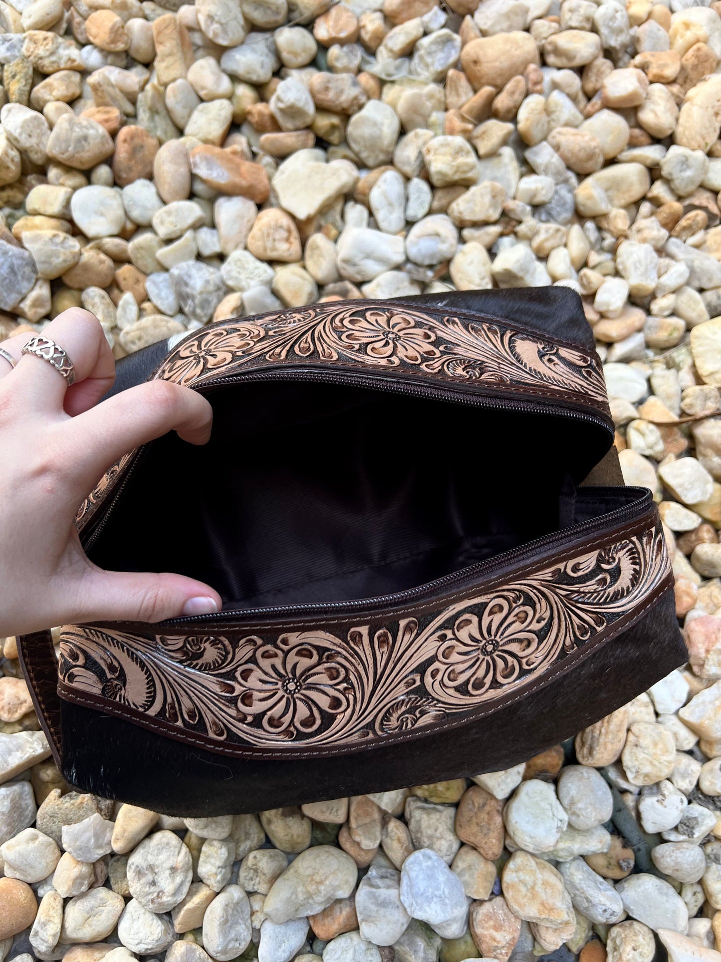 Hair on Hide Tooled Leather Toiletry Bag