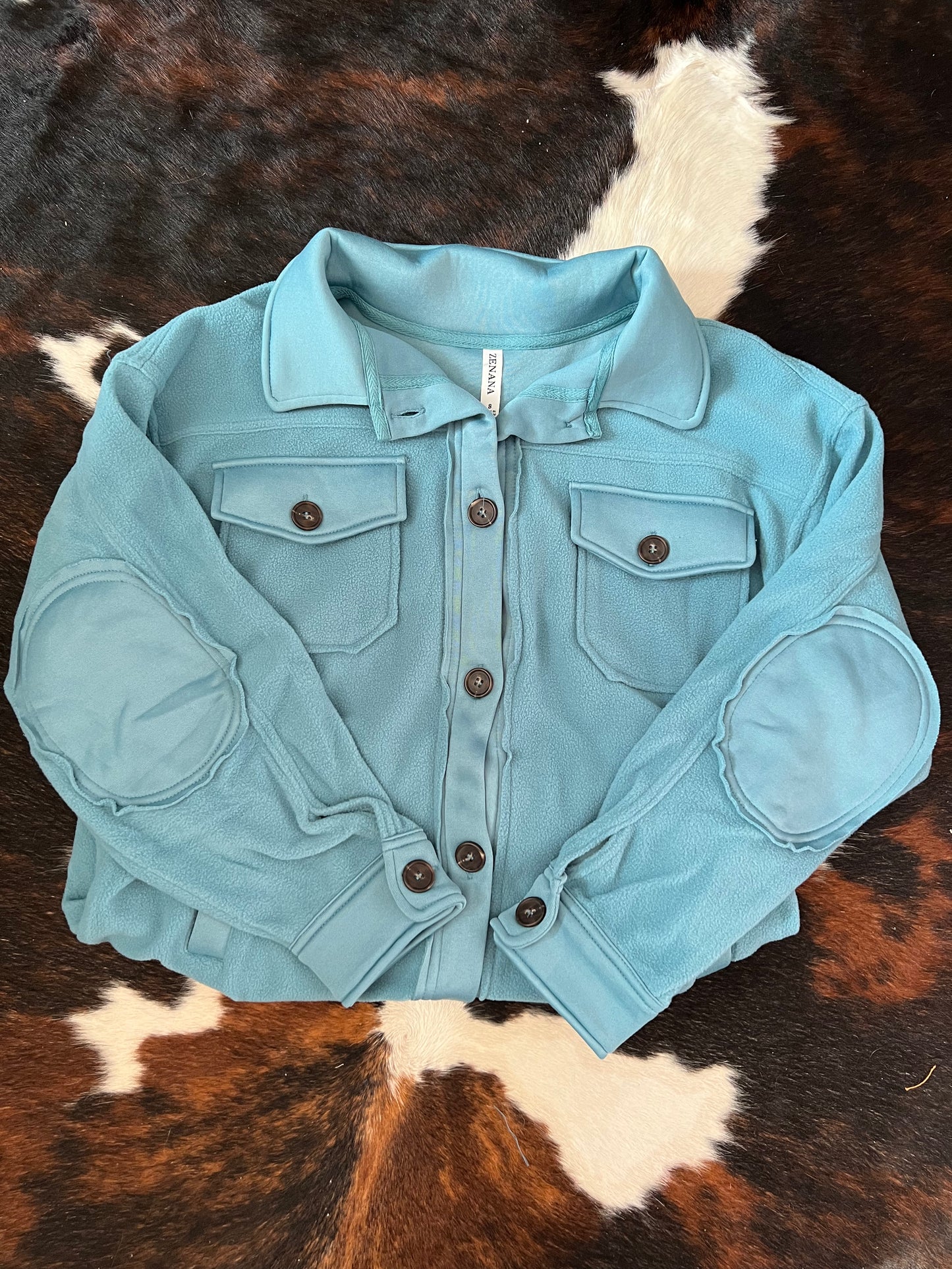 Dusty Turquoise Patched Elbow Shacket