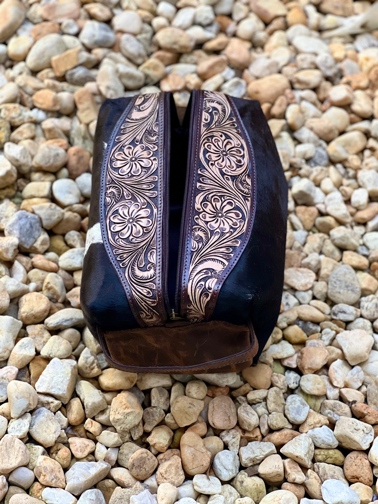 Hair on Hide Tooled Leather Toiletry Bag