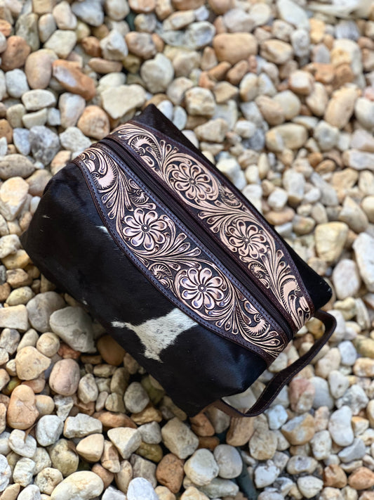 Hair on Hide Tooled Leather Toiletry Bag