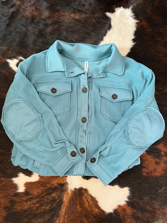 Dusty Turquoise Patched Elbow Shacket